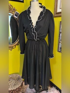 Vintage Black Ruffled Polkadot Long Sleeve Polyester Dress Medium Large